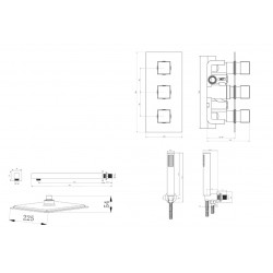 APS11516 Square Concealed Thermostatic 3 Handle 2 Way Shower Kit (Wall Kit) Chrome
