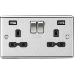 APS15601 13A 2G switched socket with dual USB charger A + A (2.4A) - Brushed chrome with black insert 