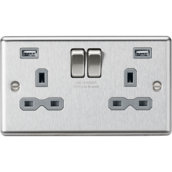 APS15602 13A 2G switched socket with dual USB charger A + A (2.4A) - Brushed chrome with grey insert 