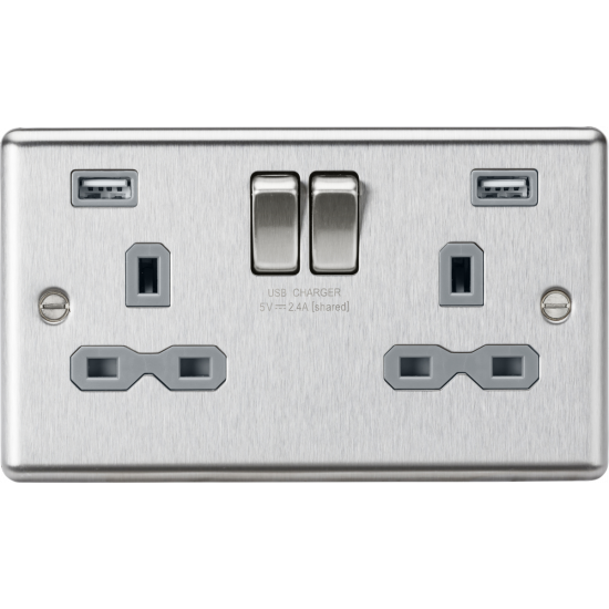APS15602 13A 2G switched socket with dual USB charger A + A (2.4A) - Brushed chrome with grey insert 
