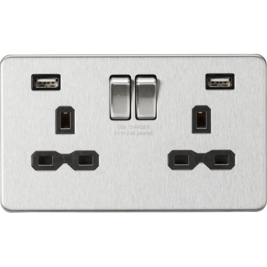 APS15543 13A 2G switched socket with dual USB charger A + A (2.4A) - Brushed chrome with black insert 