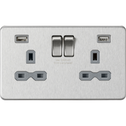 APS15544 13A 2G switched socket with dual USB charger A + A (2.4A) - Brushed chrome with grey insert 