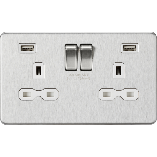 APS15545 13A 2G switched socket with dual USB charger A + A (2.4A) - Brushed chrome with white insert 