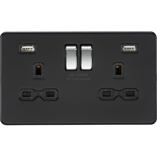 APS15552 13A 2G switched socket with dual USB charger A + A (2.4A) - Matt black with chrome rockers Rockers 