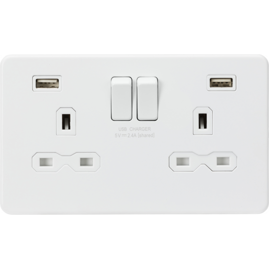 APS15542 13A 2G switched socket with dual USB charger A + A (2.4A) - Matt white 