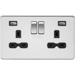 APS15546 13A 2G switched socket with dual USB charger A + A (2.4A) - Polished chrome with black insert 