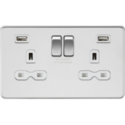 APS15548 13A 2G switched socket with dual USB charger A + A (2.4A) - Polished chrome with white insert 