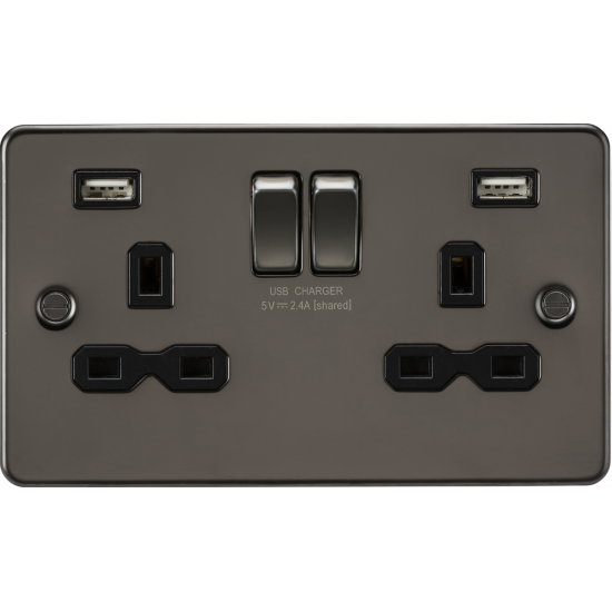 APS15558 13A 2G switched socket with dual USB charger A + A (2.4A) - Gunmetal with black insert 