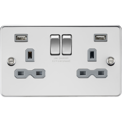 APS15561 13A 2G switched socket with dual USB charger A + A (2.4A) - Polished chrome with grey insert 
