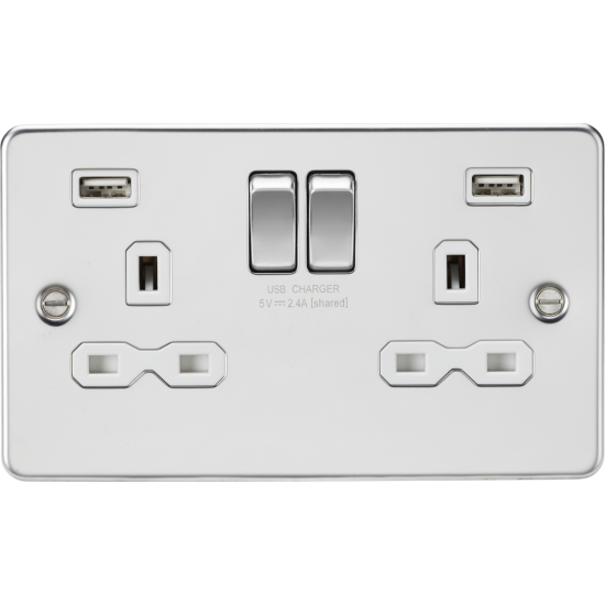 APS15562 13A 2G switched socket with dual USB charger A + A (2.4A) - Polished chrome with white insert 