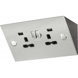 APS15503 13A 2G Mounting Switched Socket with Dual USB Charger (2.4A) - Stainless Steel with black insert 
