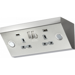 APS15505 13A 2G Mounting Switched Socket with Dual USB Charger (2.4A) - Stainless Steel with grey insert 
