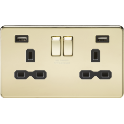 APS15549 13A 2G switched socket with dual USB charger A + A (2.4A) - Polished brass with black insert 