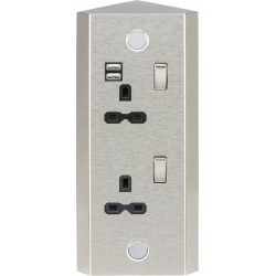 APS15504 13A 2G Vertical Switched Socket with Dual USB Charger (2.4A) - Stainless Steel with black insert 