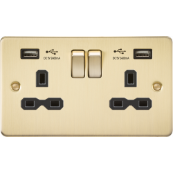 APS15554 13A 2G switched socket with dual USB charger A + A (2.4A) - Brushed brass with black insert 