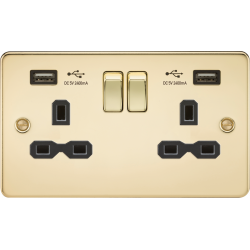 APS15559 13A 2G switched socket with dual USB charger A + A (2.4A) - Polished brass with black insert 