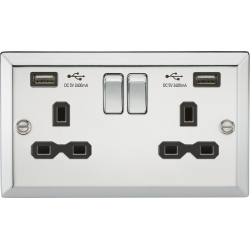 APS15605 13A 2G Switched Socket Dual USB Charger (2.4A) with Black Insert - Bevelled Edge Polished Chrome 