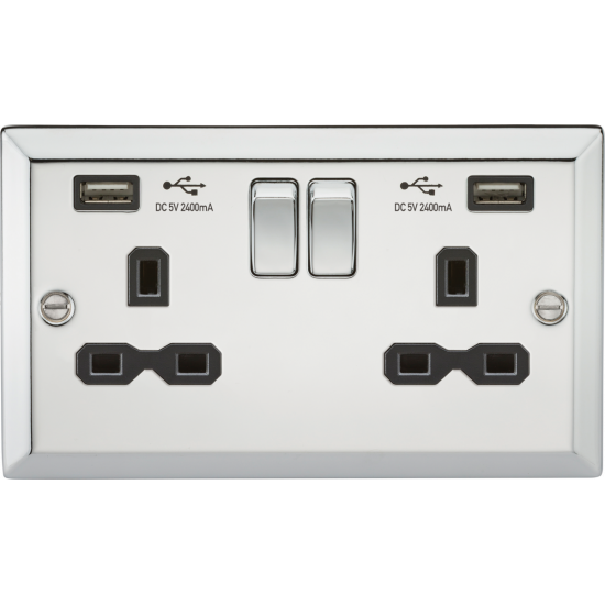 APS15605 13A 2G Switched Socket Dual USB Charger (2.4A) with Black Insert - Bevelled Edge Polished Chrome 
