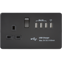 APS15655 Screwless 13A switched socket with quad USB charger (5.1A) - Matt Black 