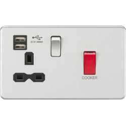 APS15512 45A DP Switch & 13A Switched Socket with Dual USB Charger 2.4A - Brushed Chrome with black insert 