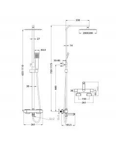 APS51260 Block Square Rigid Riser Shower with Bath Filler Chrome