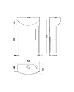 APS51435 Juno Compact Wall Hung 1 Door Unit & 1 Tap Hole Ceramic Basin Left Hand, 440mm - Metallic Slate Slate
