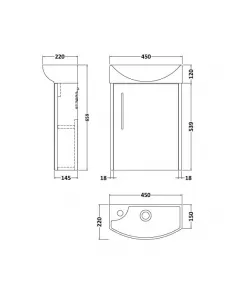 APS51438 Juno Compact Wall Hung 1 Door Unit & 1 Tap Hole Ceramic Basin Right Hand, 440mm - Metallic Slate Slate