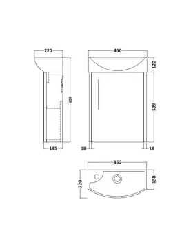 APS51438 Juno Compact Wall Hung 1 Door Unit & 1 Tap Hole Ceramic Basin Right Hand, 440mm - Metallic Slate Slate